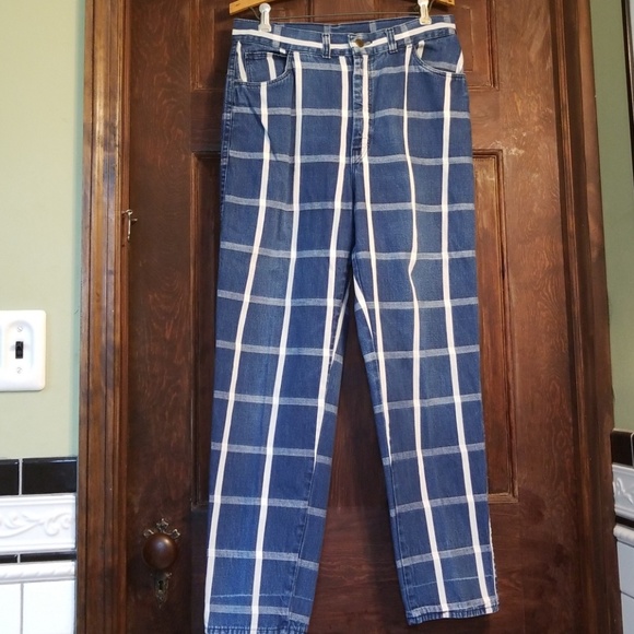 VINTAGE 70s PLAID HIGH WAISTED,NARROW ANKLE JEANS! - Picture 1 of 7
